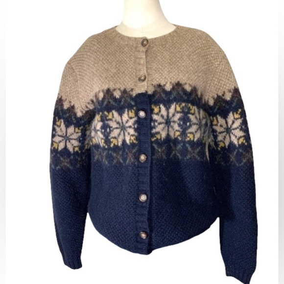 Vintage Sweaters - VINTAGE Nicole Benisti Blue Tan Wool Knit Fair Isle Cardigan Sweater Sz Medium